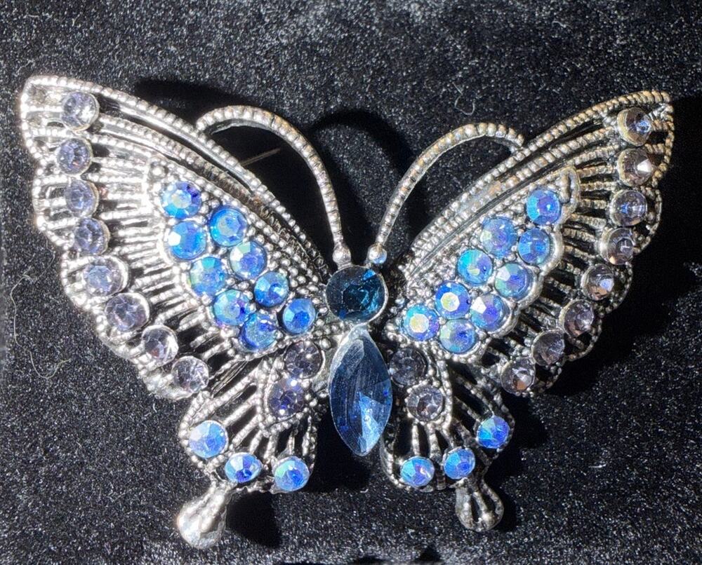 NWOT Silver Tone Butterfly Brooch Adorned Sparkling Blue and Clear Crystals 2"